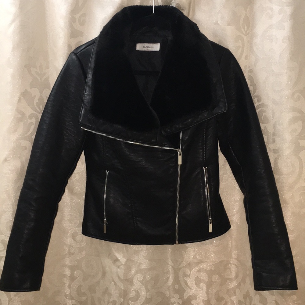 Black Faux Moto Leather Jacket with Fur Collar